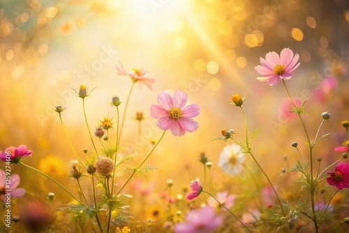 Golden Hour Meadow Delicate Pink and White Blossoms Basking in the Warm Sunlight's Embrace