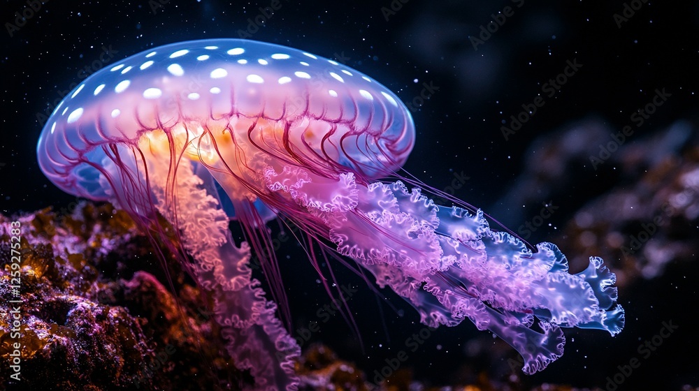 Naklejka premium A luminous jellyfish floats gracefully in the ocean depths