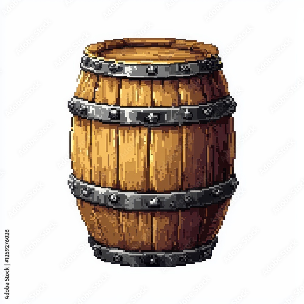 Pixel Art Wooden Barrel with Metal Reinforcements and Texture Pixel Art Wooden Barrel with Metal Reinforcements and Texture