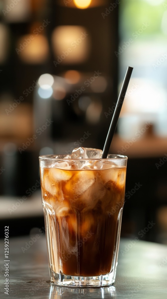 Refreshing iced coffee with a straw, served in a glass with ice cubes, perfect for summer drink promotions and cafes. Refreshing iced coffee with a straw, served in a glass with ice cubes, perfect for summer drink promotions and cafes.