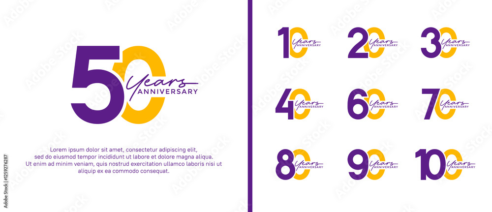 set of anniversary logo flat purple and yellow color on white background for celebration moment set of anniversary logo flat purple and yellow color on white background for celebration moment