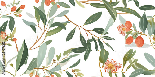Australian flowers vector seamless repeating pattern of eucalyptus, proteas wattles leaves on a white background, Botanical print with soft pastel colors