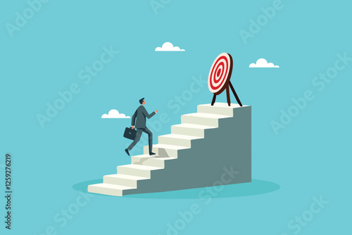 Climbing the Ladder of Success, A Determined Businessman Running Up the Stairs Toward Achievement and Growth