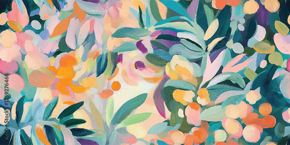 Fototapeta premium Modern tropical floral pattern. Colorful abstract contemporary seamless pattern. Hand drawn unique print painting of a rainforest