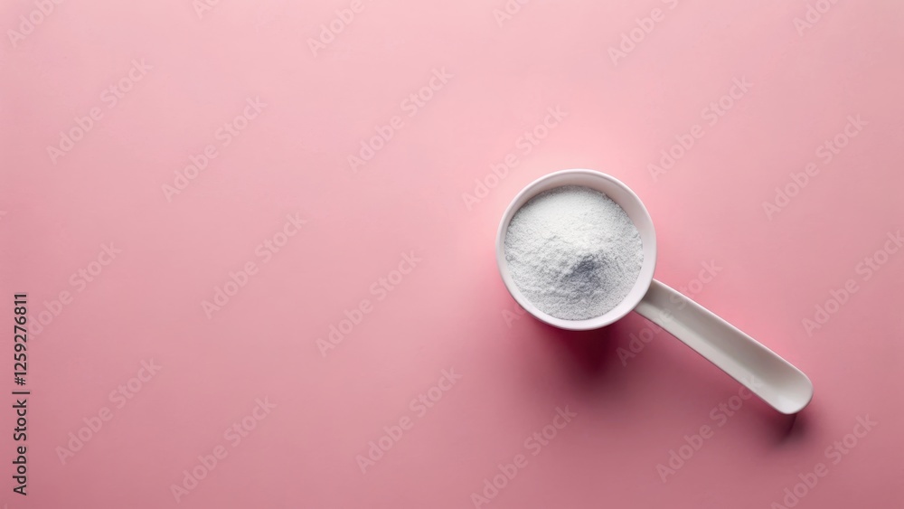 A scoop of fine white powder rests on a pale pink background, showcasing its texture and purity A scoop of fine white powder rests on a pale pink background, showcasing its texture and purity