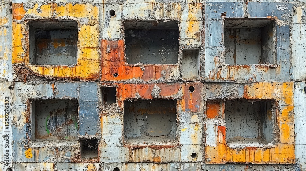 Abstract concrete wall with colorful patches and empty cavities showcasing urban decay Abstract concrete wall with colorful patches and empty cavities showcasing urban decay