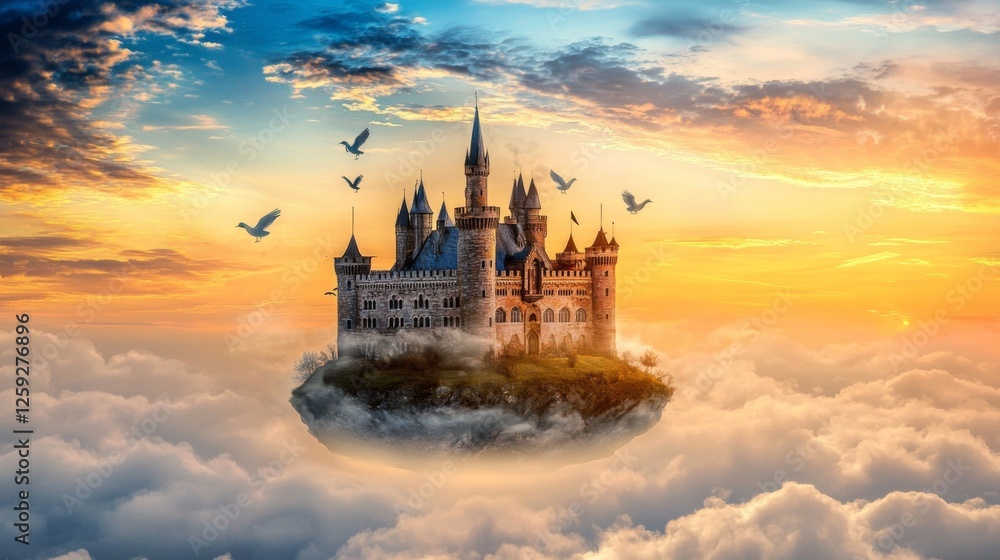 Naklejka premium Enchanting Floating Castle Surrounded by Clouds and Birds at Sunset with a Dreamy Atmosphere