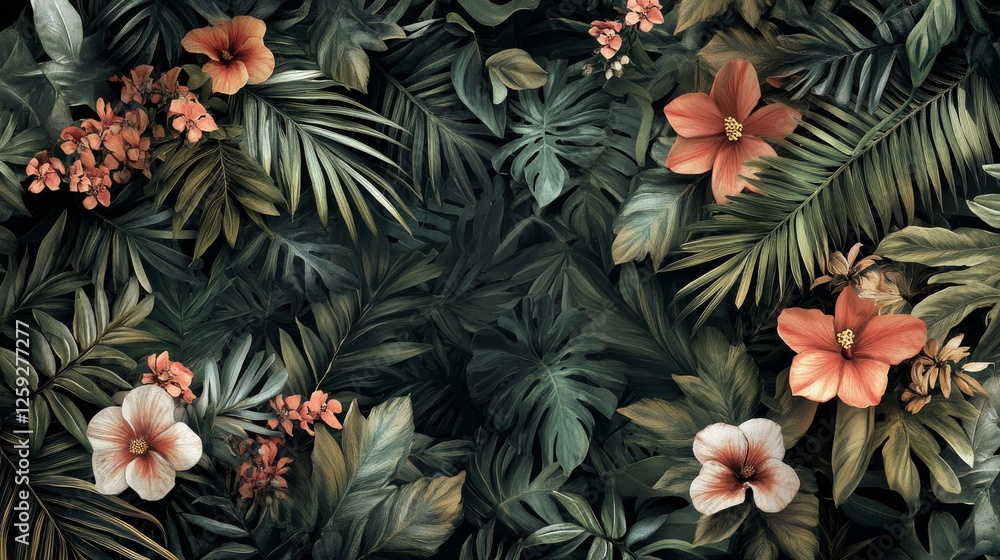 77.A seamless design showcasing tropical foliage and flowers in a balanced mix of warm and cool tones, with intricate detailing and a subtle textured backdrop. 77.A seamless design showcasing tropical foliage and flowers in a balanced mix of warm and cool tones, with intricate detailing and a subtle textured backdrop.