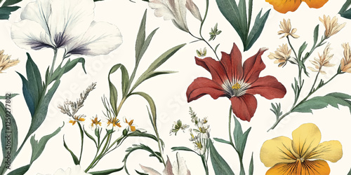 Vintage Botanical vector Seamless Pattern with Lilies and Garden Flowers on a Beige Background for Textile, Wallpaper, and Elegant Floral Design