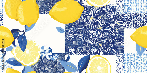 Elegant Lemon and Floral Seamless Pattern with Blue Mediterranean Tiles, Watercolor Vector Illustration for Cards, Invitations, and Decorative Design