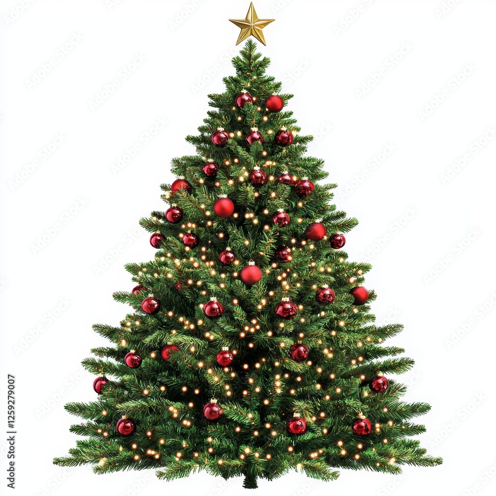 Festively Decorated Christmas Tree with Red Ornaments and Star Topper in Bright Holiday Atmosphere Festively Decorated Christmas Tree with Red Ornaments and Star Topper in Bright Holiday Atmosphere