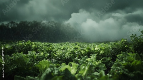 83.A close-up view of crisp lettuce heads thriving in a field, with a moody backdrop of thick rainclouds signaling an impending downpour. photo