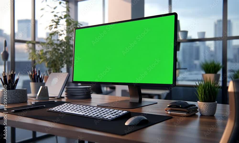A modern workspace featuring a computer monitor with a green screen, a keyboard, and a mouse on a wooden desk, surrounded by plants and office supplies. A modern workspace featuring a computer monitor with a green screen, a keyboard, and a mouse on a wooden desk, surrounded by plants and office supplies.