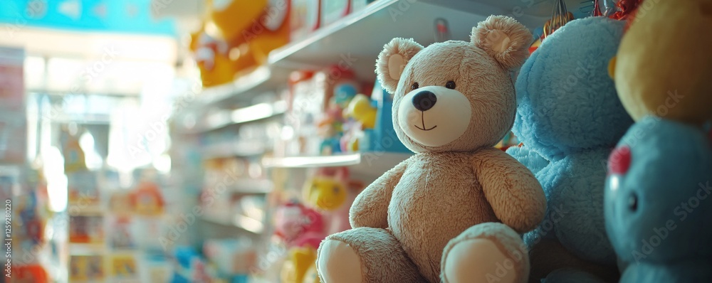 Big plush teddy bear sitting on a shelf in a toy store Big plush teddy bear sitting on a shelf in a toy store