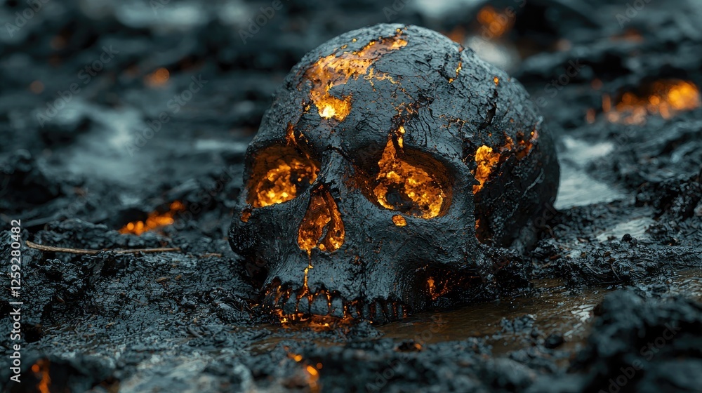 Glowing skull emerging from dark molten lava, surrounded by a desolate landscape at dusk Glowing skull emerging from dark molten lava, surrounded by a desolate landscape at dusk