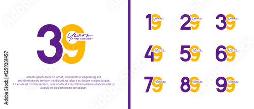 set of anniversary logo flat purple and yellow color on white background for celebration moment