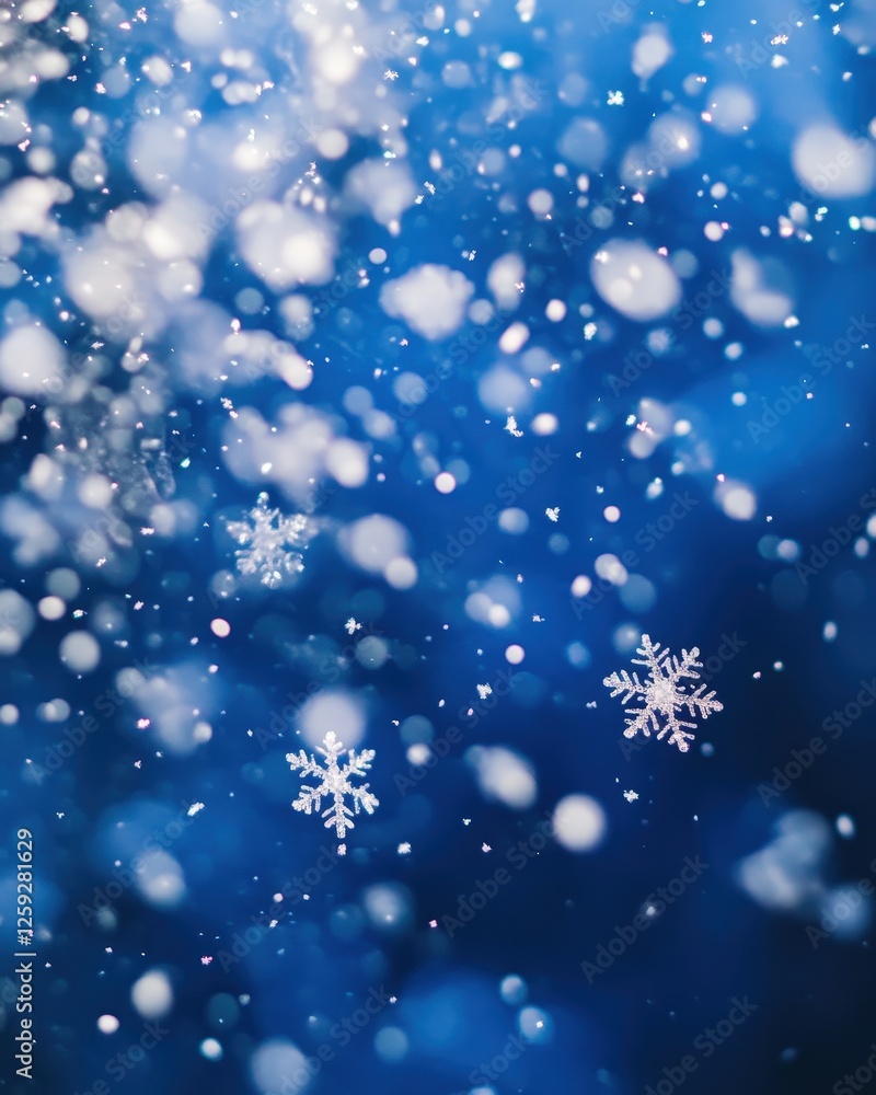 Obraz premium A vibrant photo of snowflakes falling gently against a deep blue sky, creating a magical effect
