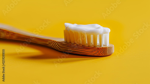 Eco friendly bamboo toothbrush with toothpaste on bristles against a vibrant clean background photo