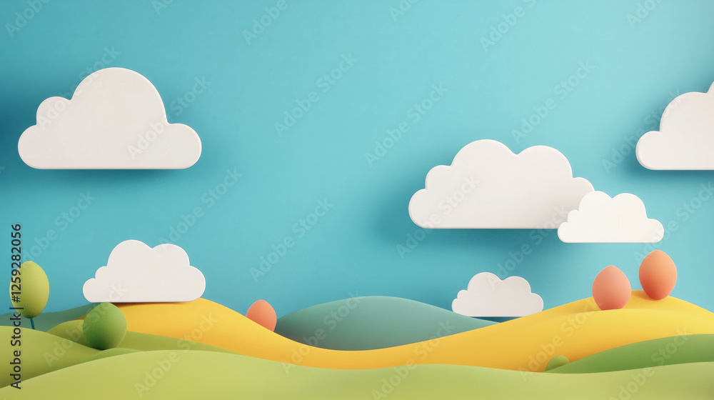 Fototapeta premium colorful digital landscape with clouds and rolling hills evokes sense of whimsy