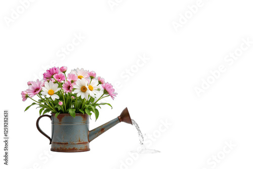 Spring Equinox Concept: A vintage watering can with water droplets splashing onto flowers.
