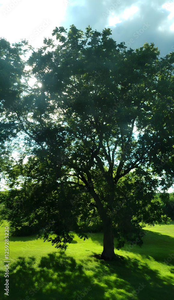 Sun shining through leaves of big green tree in park Sun shining through leaves of big green tree in park