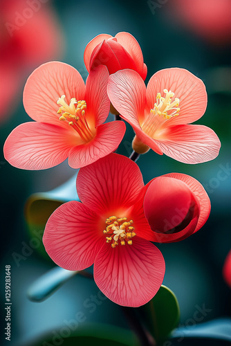 Vibrant red flowering quince blossoms in spring garden photo