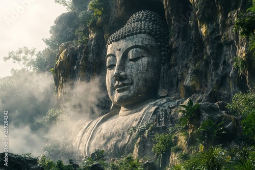 Serene Buddha statue nestled in misty mountain cave