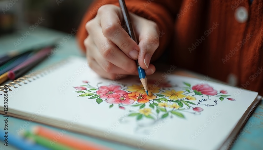 Fototapeta premium Drawing Floral Illustration with Colored Pencils on Sketchbook for Creative Hobby