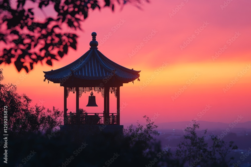 Obraz premium Sunset Pagoda, Hilltop View, Peaceful Evening, Cityscape