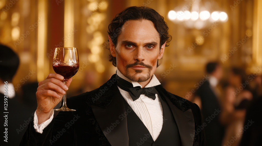 vampire with captivating gaze raises glass of red wine at lavish event vampire with captivating gaze raises glass of red wine at lavish event