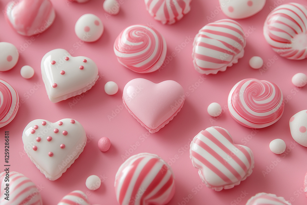Fototapeta premium Pink and white heart-shaped macarons and candies with decorative patterns on a soft pastel background, perfect for Valentine’s Day, romantic themes, and sweet dessert styling