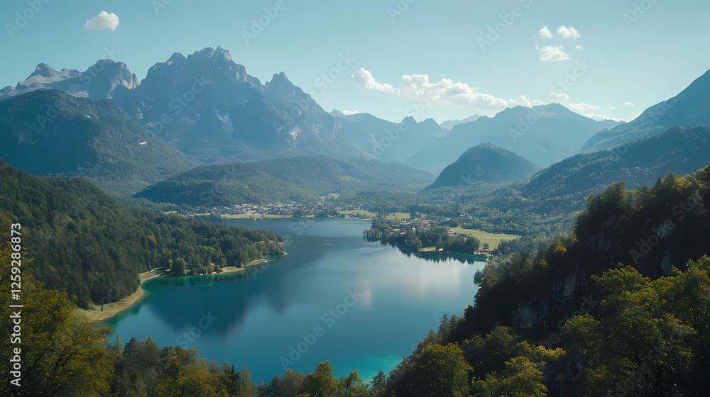 A beautiful lake surrounded by mountains and trees A beautiful lake surrounded by mountains and trees