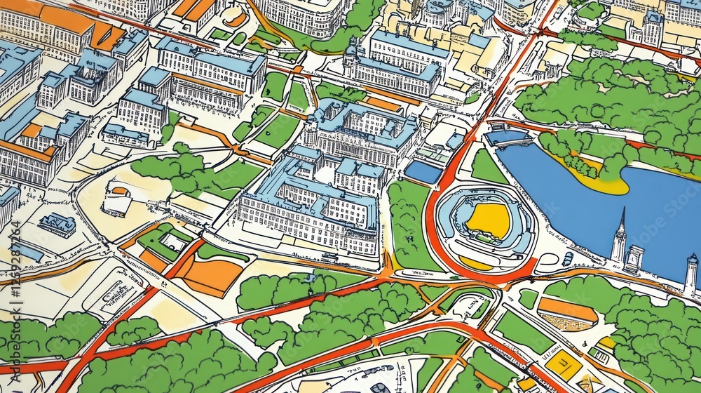 Detailed aerial map showcasing urban layout and parks Detailed aerial map showcasing urban layout and parks