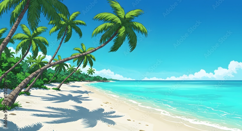 Tropical Beach with Palm Trees and Turquoise Water Cartoon Illustration Tropical Beach with Palm Trees and Turquoise Water Cartoon Illustration
