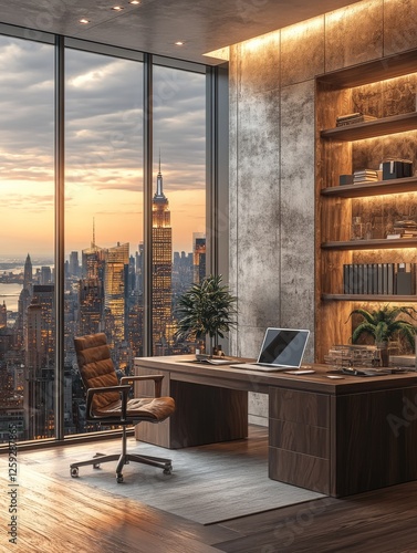 Luxury Skyline Office: Panoramic Views, Elegant Wood Furniture, and Sunset Cityscape Create a Sophisticated Workspace at Dusk in New York City