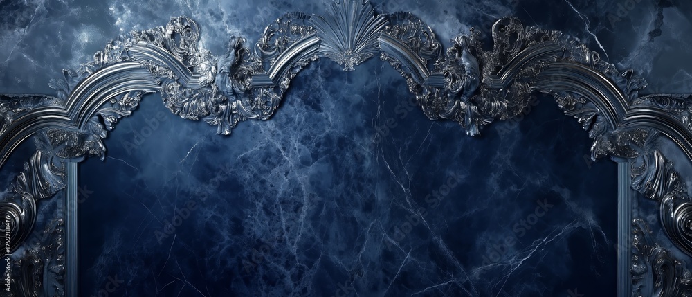 Luxurious Baroque Silver Frame with Deep Blue Marble Background - Made with Generative AI Luxurious Baroque Silver Frame with Deep Blue Marble Background - Made with Generative AI