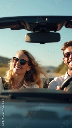 Happy couple enjoying a sunny road trip in a convertible car.