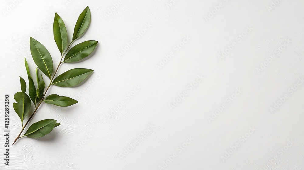 Green Leaf Branch on White Background with Natural Soft Shadows Green Leaf Branch on White Background with Natural Soft Shadows