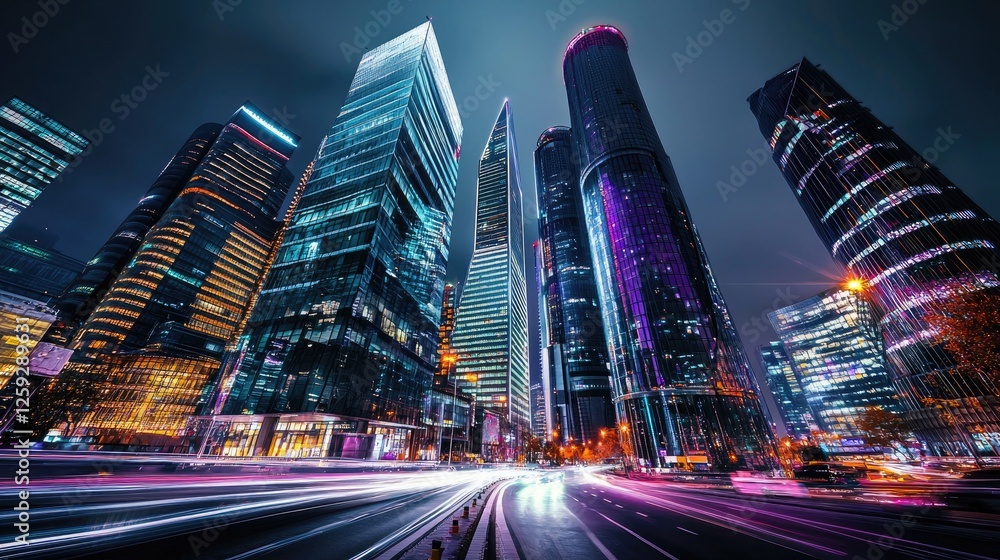 Obraz premium Night Cityscape, Vibrant Towers and Illuminated Streets