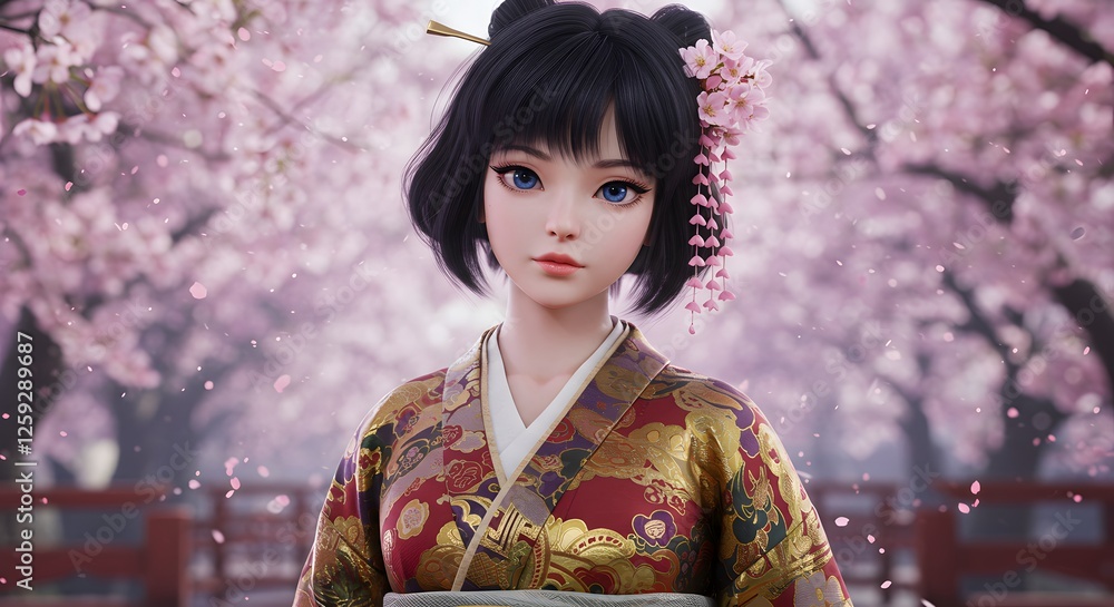 Woman Wearing Kimono Amidst Cherry Blossoms for Cultural Celebration Woman Wearing Kimono Amidst Cherry Blossoms for Cultural Celebration