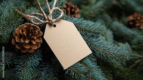 Blank christmas gift tag hanging from a christmas tree branch with pine cones
