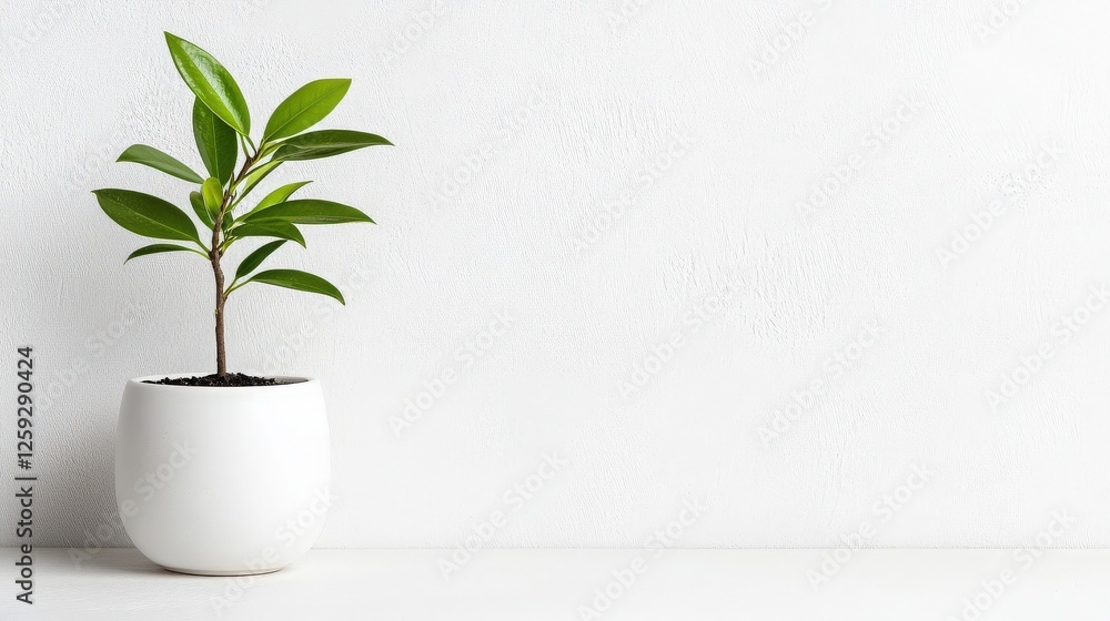 Small Green Plant in White Pot on Minimalist Background for Decor Small Green Plant in White Pot on Minimalist Background for Decor