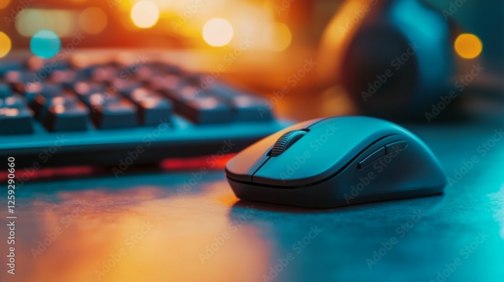 Close-up of a wired computer mouse and keyboard on a desk. Ambient lighting creates a soft focus. Close-up of a wired computer mouse and keyboard on a desk. Ambient lighting creates a soft focus.