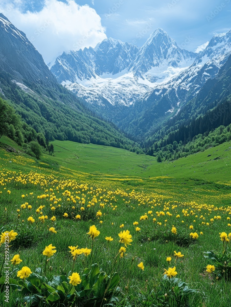 Fototapeta premium Majestic Snow-Capped Peaks Overlook a Vibrant Meadow Filled with Yellow Flowers and Lush Greenery in a Scenic Mountain Valley, Offering a Tranquil Vista