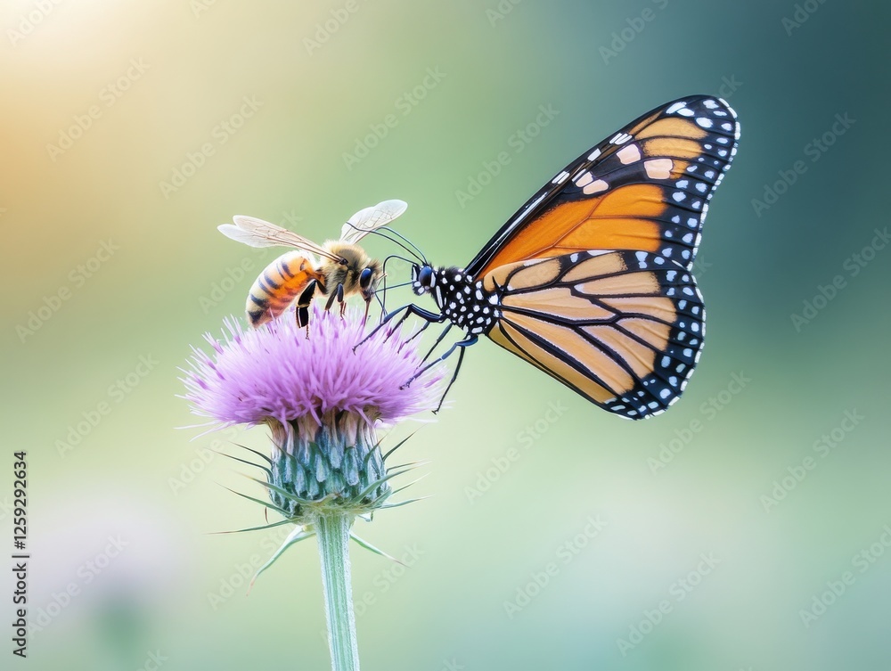 Close-up of a butterfly and bee sharing a single thistle bloom, wings overlapping, meadow grasses blurred into abstract green brushstrokes behind them. Close-up of a butterfly and bee sharing a single thistle bloom, wings overlapping, meadow grasses blurred into abstract green brushstrokes behind them.