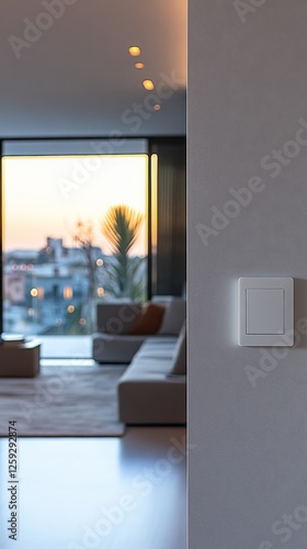 Minimalist Interior with City Sunset View and Modern Switch: A Blend of Elegance and Smart Home Technology