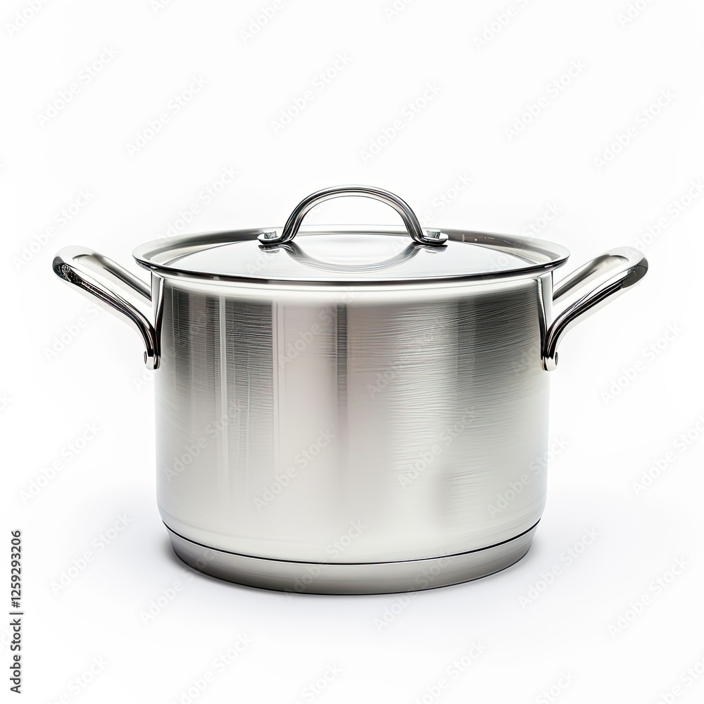 A stainless steel cooking pot with a lid, designed for various cooking purposes. isolated on white background A stainless steel cooking pot with a lid, designed for various cooking purposes. isolated on white background