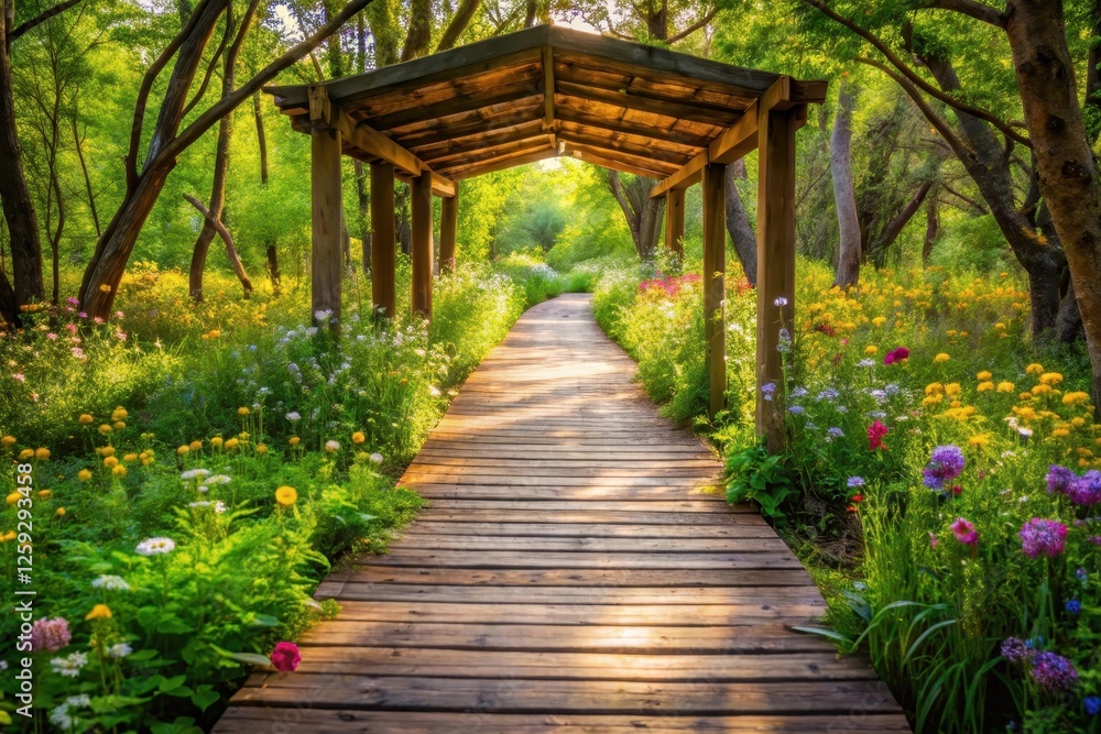 Sunlit Wooden Pathway Through Vibrant Blossoming Meadow Enveloped by Lush Greenery Under a Rustic Wooden Arbor Sunlit Wooden Pathway Through Vibrant Blossoming Meadow Enveloped by Lush Greenery Under a Rustic Wooden Arbor