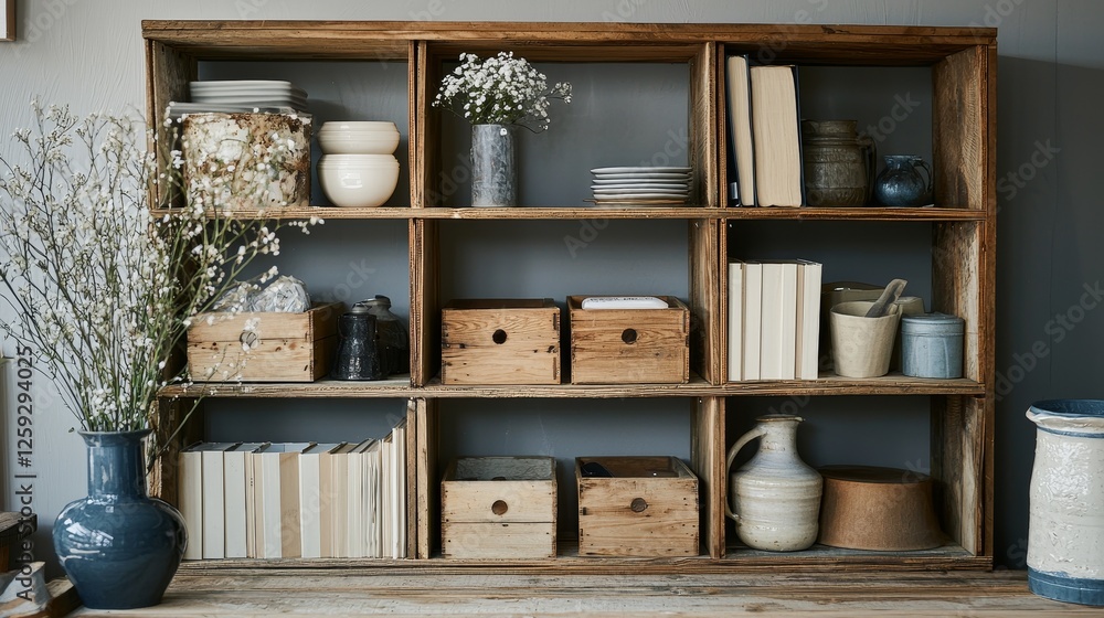 Fototapeta premium Rustic bookshelf with decorative items and wooden crates in a cozy interior setting