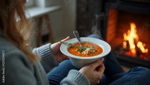 Woman Enjoying Warm Soup by Fireplace a Cozy Winter Moment